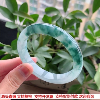 缅甸A货天然翡翠 老坑冰种飘花半山半水正装正圈手镯57-58圈口