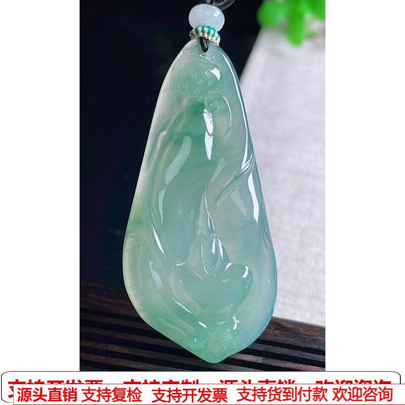 缅甸天然A货玉石翡翠挂件 精雕老坑冰种晴绿飘花悟道吊坠