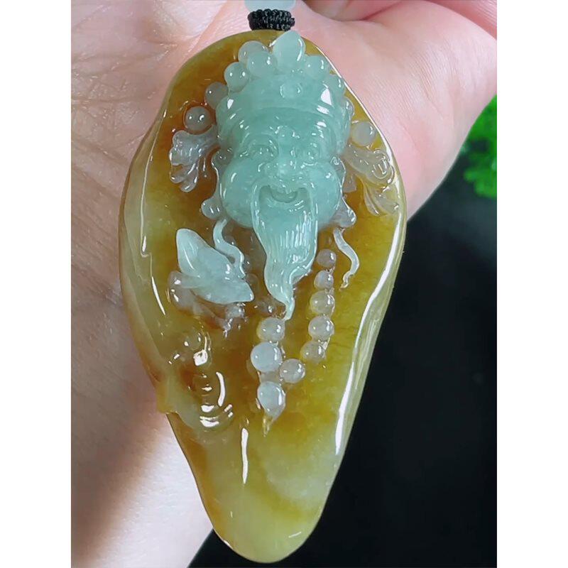 缅甸天然A货玉石翡翠挂件 精雕老坑冰种黄翡财神爷吊坠