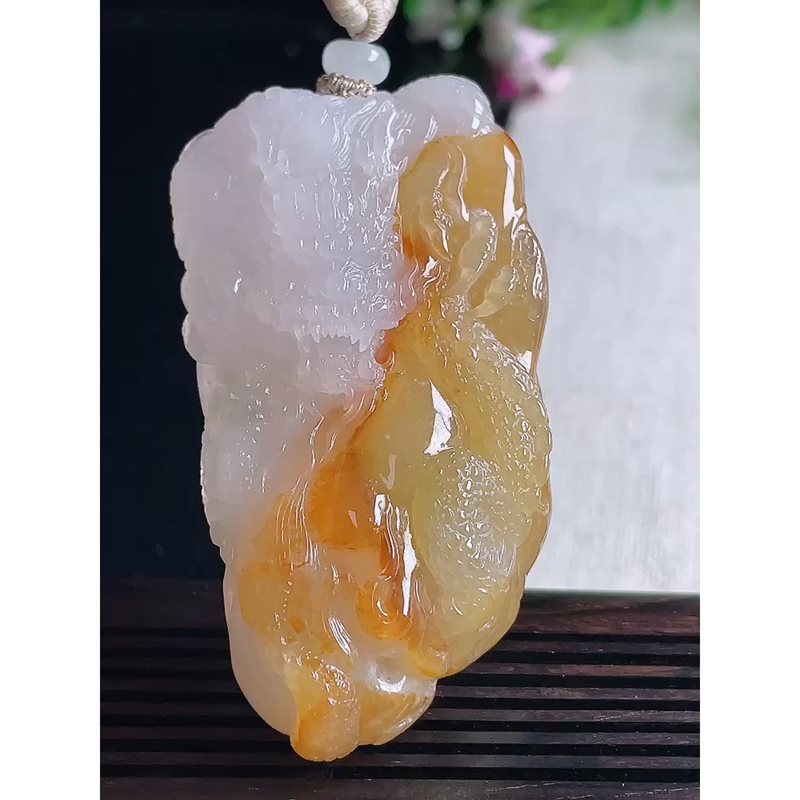 缅甸天然A货玉石翡翠挂件 精雕老坑冰种三彩红黄翡龙牌吊坠