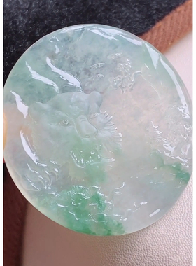 缘满家珠宝 缅甸天然A货玉石翡翠 老坑冰种飘绿老虎牌吊坠