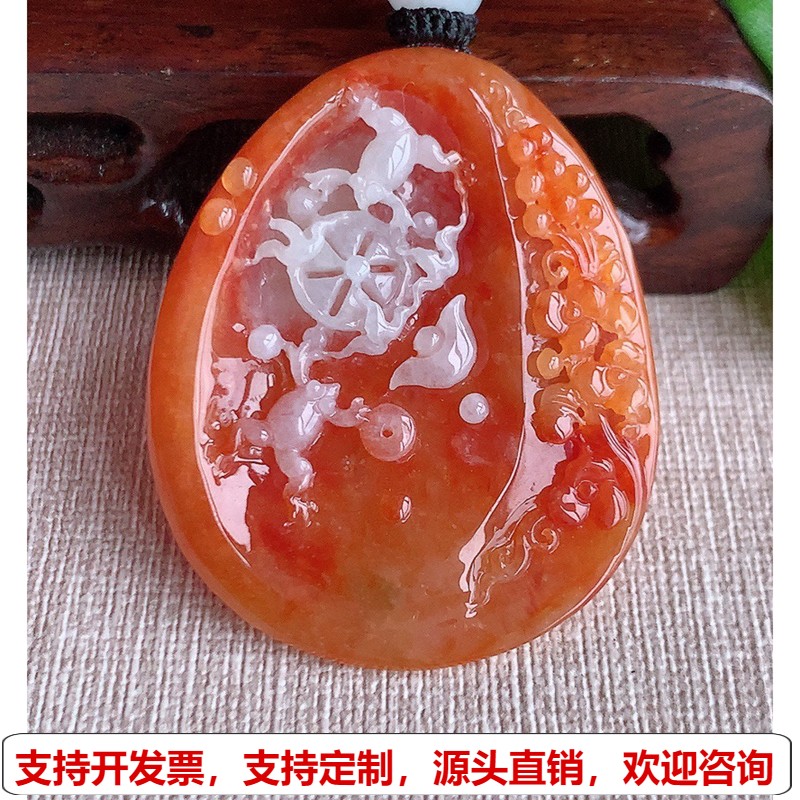缅甸天然A货玉石翡翠 老坑冰种冰润红翡呱呱来财吊坠