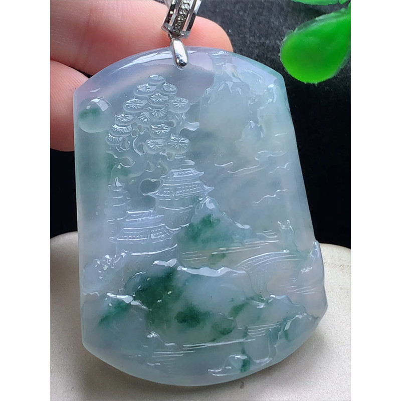 缅甸天然A货玉石翡翠老坑冰种手工精雕18k金扣镶嵌飘花山水牌吊坠