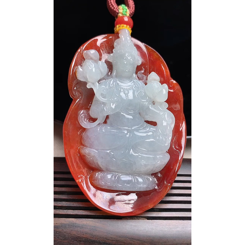 缅甸天然A货玉石翡翠 老坑冰种 手工精雕 红翡观音牌吊坠