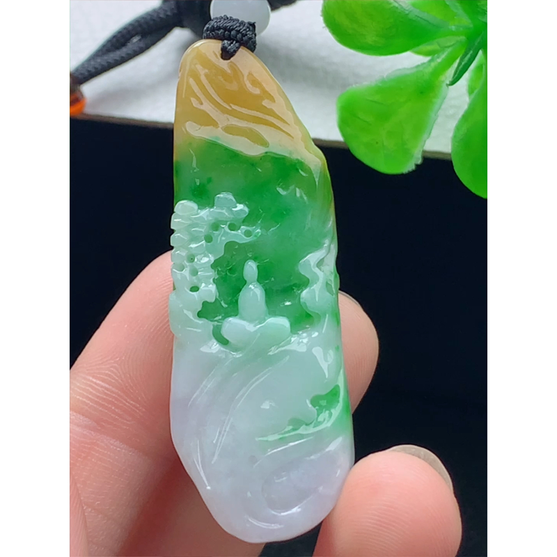 缅甸天然A货玉石翡翠 老坑冰种 手工精雕 黄加绿悟道吊坠