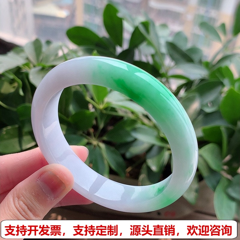 缅甸天然A货翡翠 老坑冰种白底青飘阳绿正装手镯59-60大圈口 完美