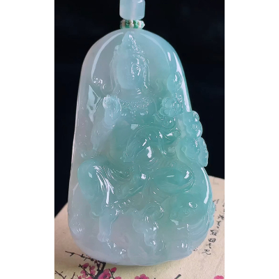 缅甸天然A货玉石翡翠 老坑冰种蓝紫普贤菩萨吊坠