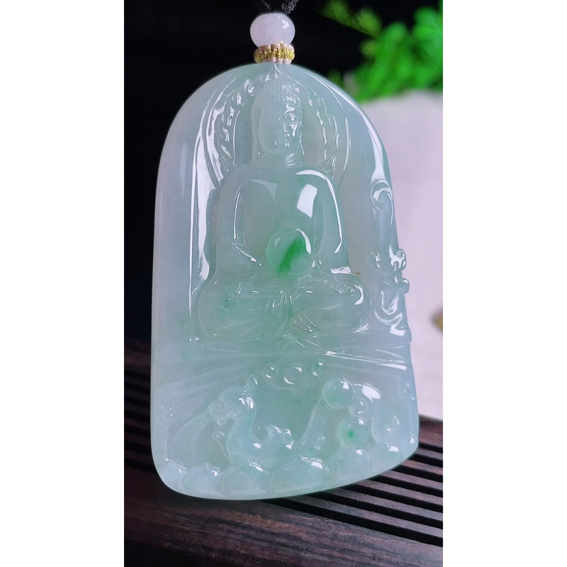 缅甸天然A货玉石翡翠 老坑冰种飘绿大日如来吊坠