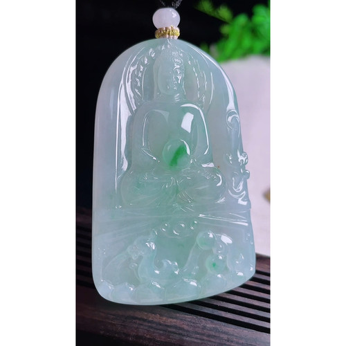 缅甸天然A货玉石翡翠 老坑冰种飘绿大日如来吊坠