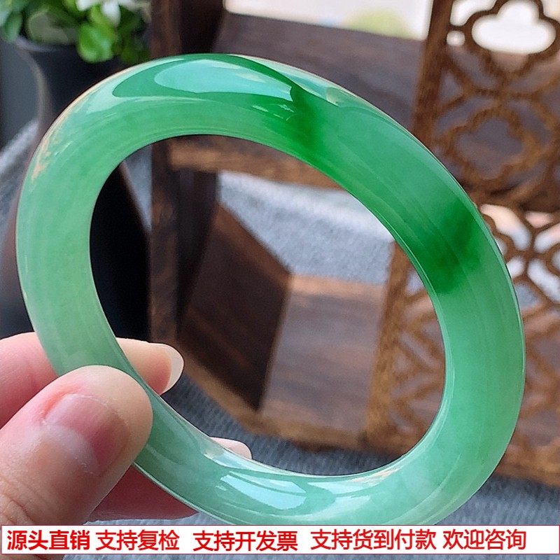 缅甸A货天然翡翠 老坑冰种满绿飘阳绿圆条手镯55-56圈口