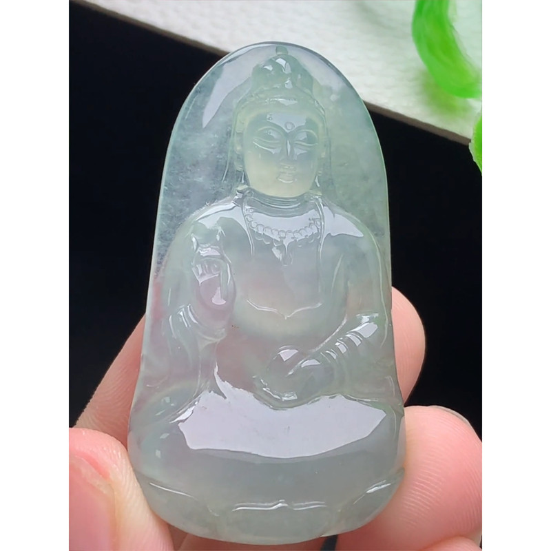 缅甸天然A货玉石翡翠 老坑冰种 手工精雕  观音吊坠