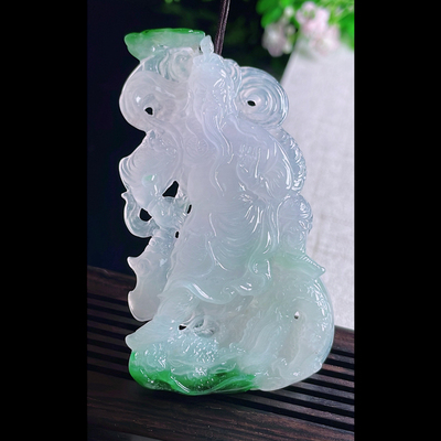 缅甸天然A货玉石翡翠挂件 精雕老坑冰种飘花关公吊坠