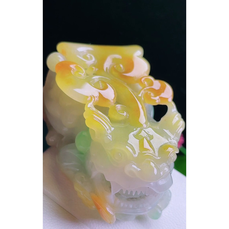 缅甸天然A货玉石翡翠挂件 精雕老坑冰种黄加绿貔貅吊坠