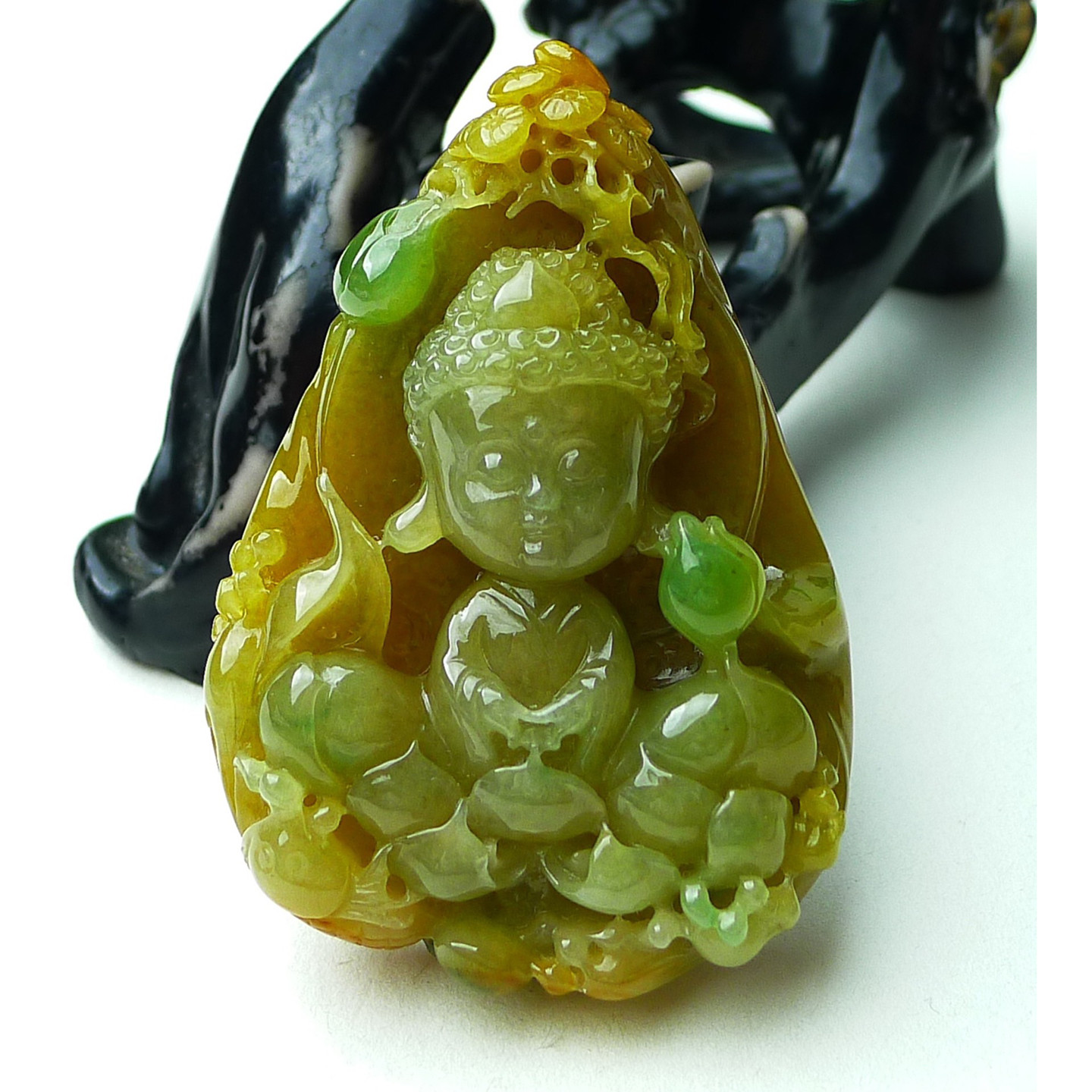 缅甸天然A货玉石翡翠 老坑冰种手工精雕双彩黄加绿宝宝佛吊坠