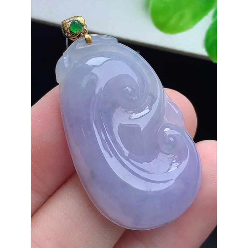 缅甸天然A货玉石翡翠老坑冰种手工精雕18k金扣紫罗兰飘花如意吊坠