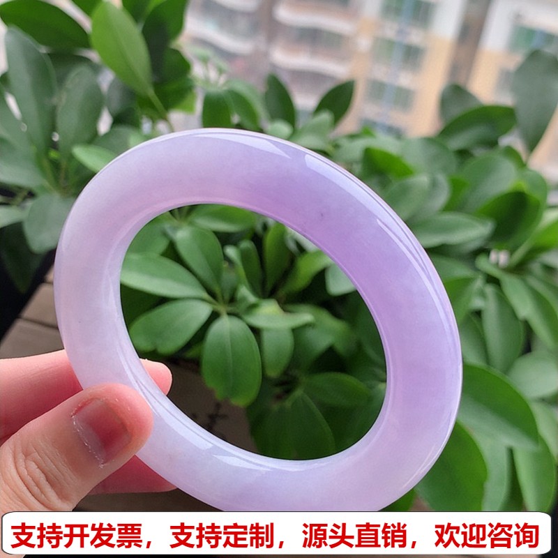 缅甸A货天然翡翠 老坑冰种紫罗兰胖圆条手镯58-59圈口