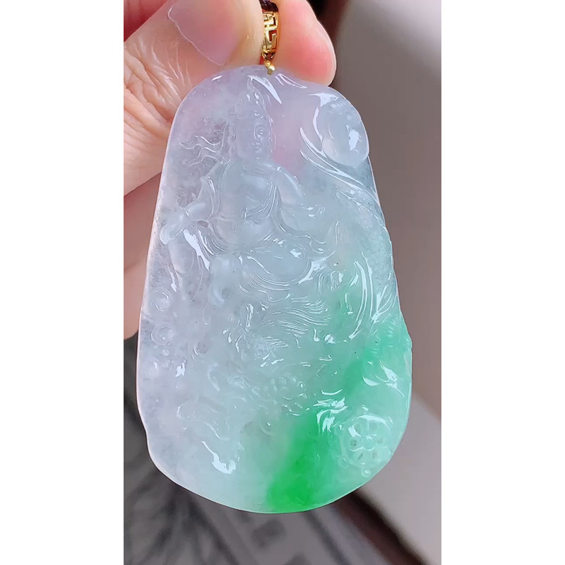 缅甸天然A货玉石翡翠老坑冰种手工精雕18k金冰飘阳绿祥龙观音吊坠