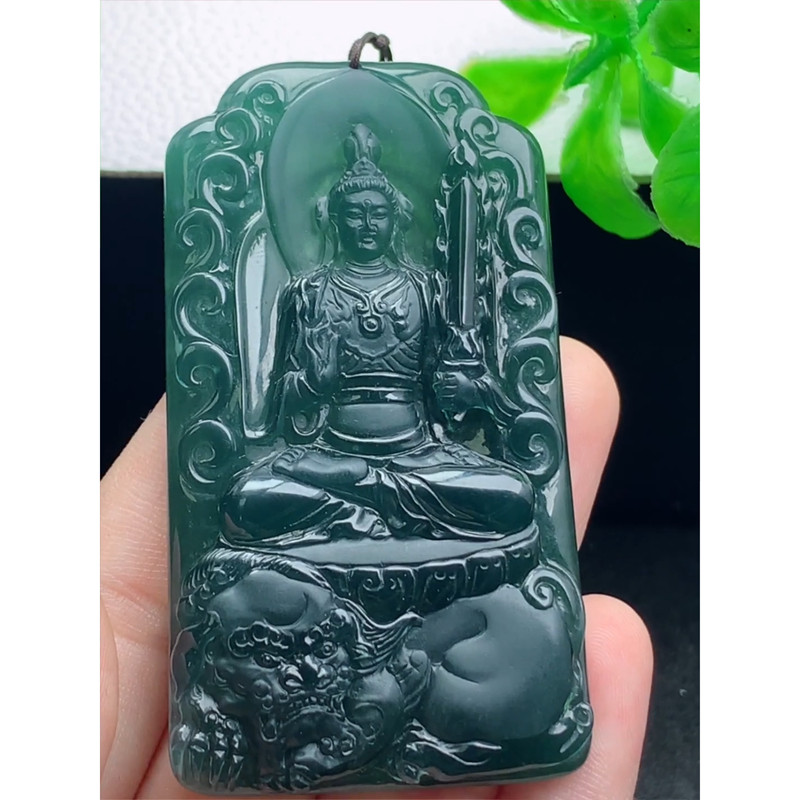 缅甸天然A货玉石翡翠 老坑冰种 手工精雕 墨绿文殊菩萨吊坠