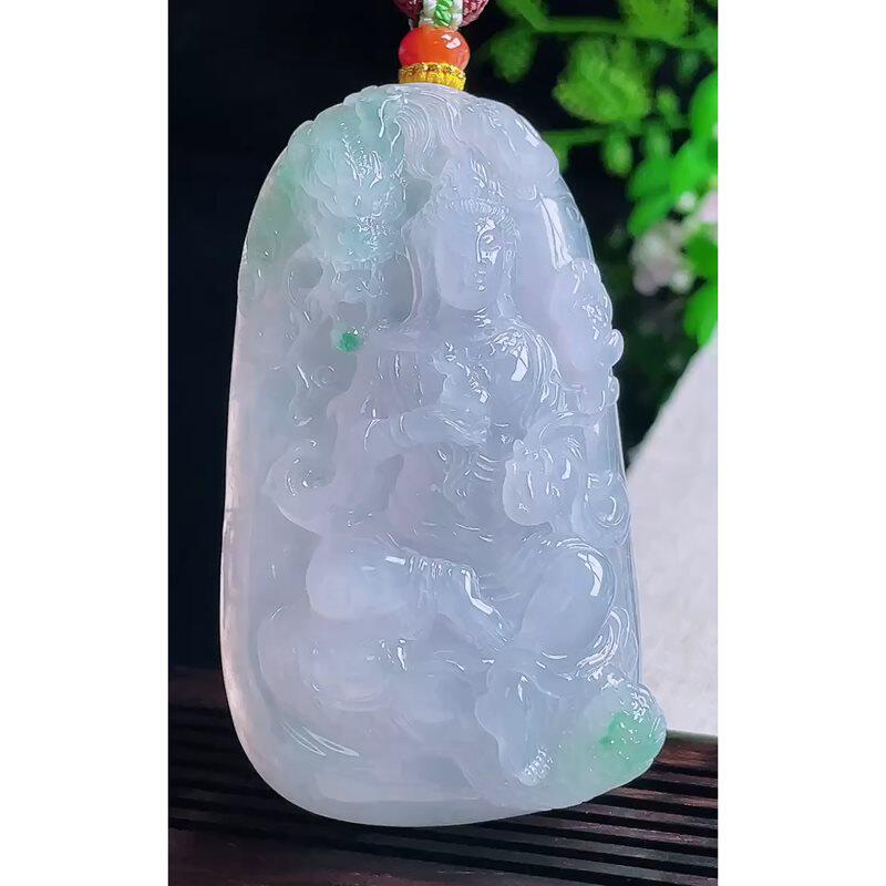 缅甸天然A货玉石翡翠挂件 精雕老坑冰种紫祥龙大势至菩萨吊坠