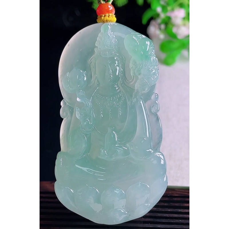 缅甸天然A货玉石翡翠 老坑冰种晴绿观音吊坠