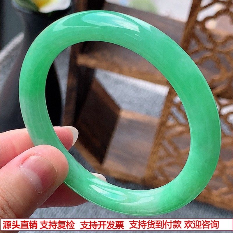 缅甸A货天然翡翠 老坑冰种满绿圆条手镯53-54圈口