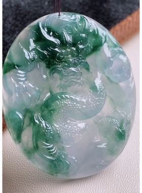 缘满家珠宝 缅甸天然A货玉石翡翠 老坑冰种飘绿神龙护主吊坠