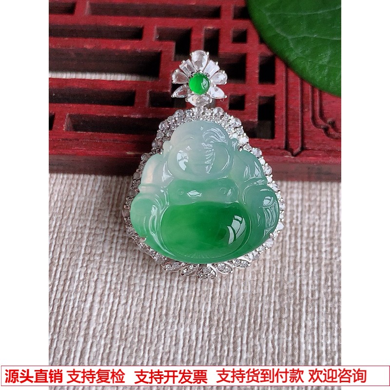 缅甸天然A货玉石翡翠 老坑冰种18K金伴钻镶嵌飘绿佛公吊坠
