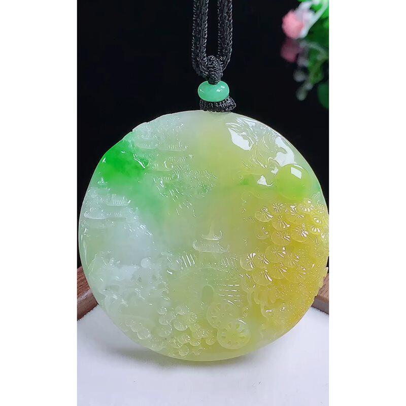 缅甸天然A货玉石翡翠挂件 精雕俏色厚装老坑冰种黄加绿山水牌吊坠