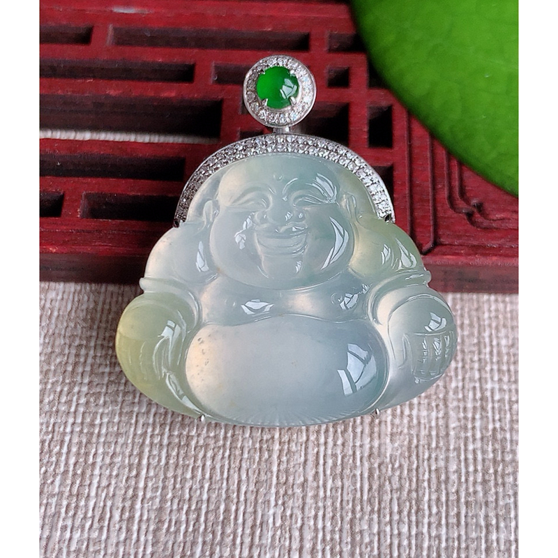 缅甸天然A货玉石翡翠 老坑冰种18K金伴钻镶嵌飘黄翡佛公吊坠