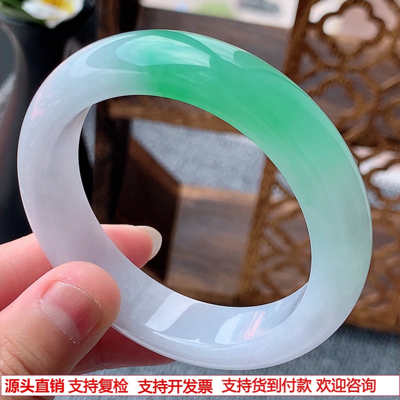 缅甸A货天然翡翠 老坑冰种白底青飘绿正装正圈手镯54-55圈口