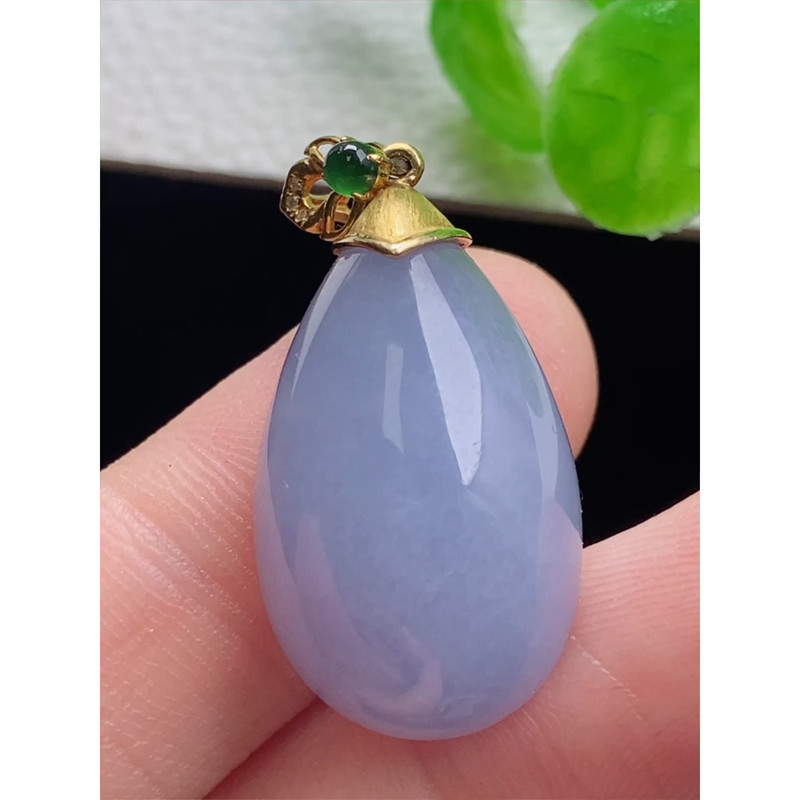 缅甸天然A货玉石翡翠老坑冰种手工精雕18k金扣镶嵌紫罗兰水滴吊坠