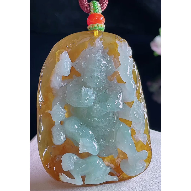 缅甸天然A货玉石翡翠挂件 精雕老坑冰种黄翡不动明王吊坠