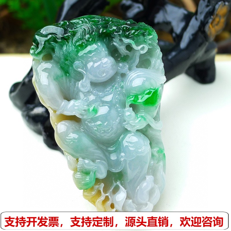缅甸天然A货玉石翡翠挂件老坑冰三彩黄加绿不动明王挂件