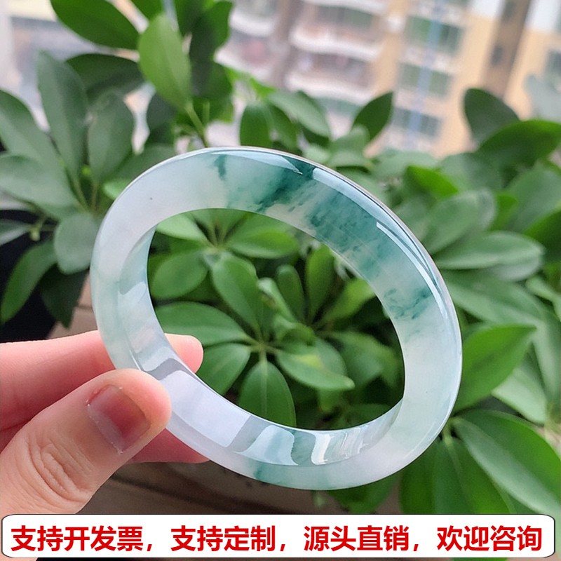 缅甸A货天然翡翠 老坑冰种飘花正装正圈手镯56-57圈口