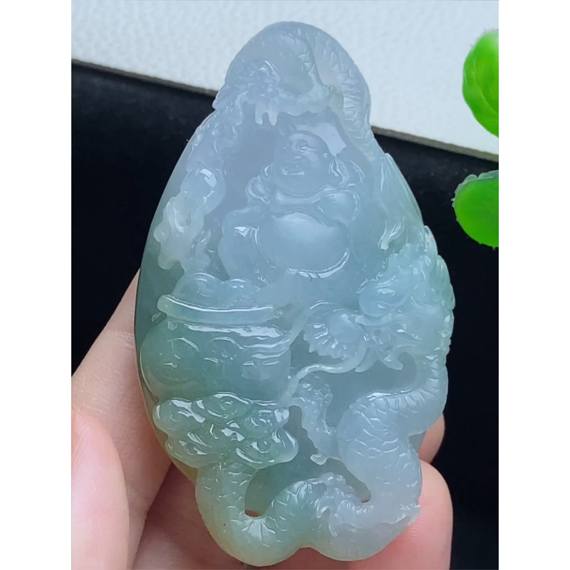缅甸天然A货玉石翡翠 老坑冰种 手工精雕 蓝底飘黄翡弥勒佛吊坠