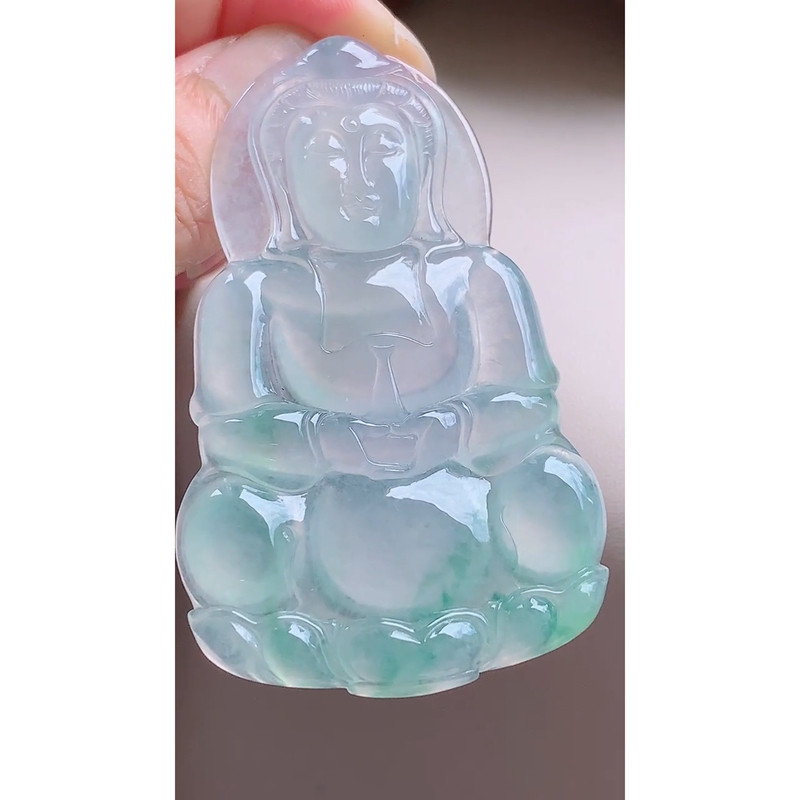 缅甸天然A货玉石翡翠 老坑冰种飘花观音吊坠