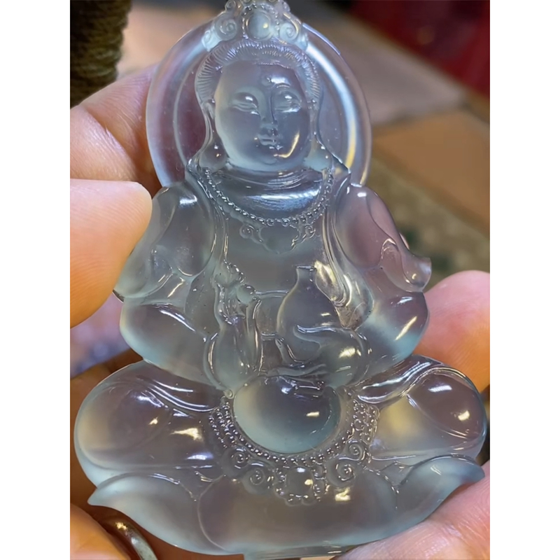 缅甸天然A货玉石翡翠 老坑玻璃种起钢净瓶观音菩萨吊坠