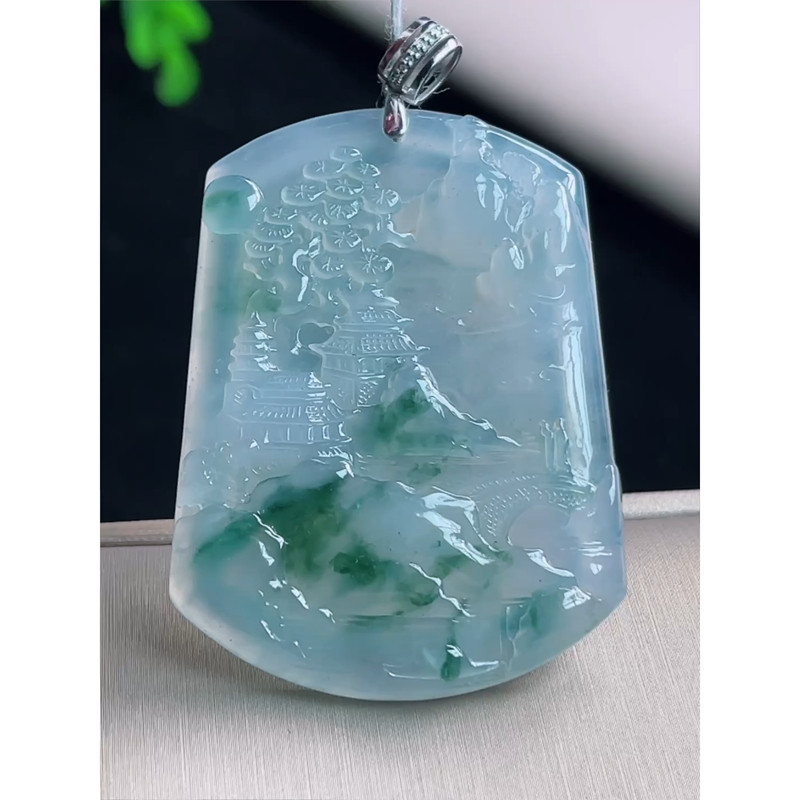 缅甸天然A货玉石翡翠老坑冰种手工精雕18k金扣镶嵌飘花山水牌吊坠