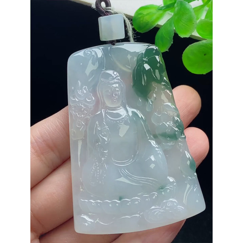缅甸天然A货玉石翡翠 老坑冰种 手工精雕 飘花观音牌吊坠