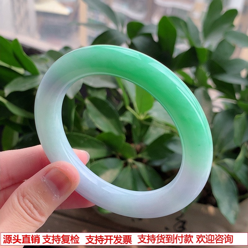缅甸天然A货翡翠老坑冰种淡春彩淡紫绿胖圆条手镯58-59圈口