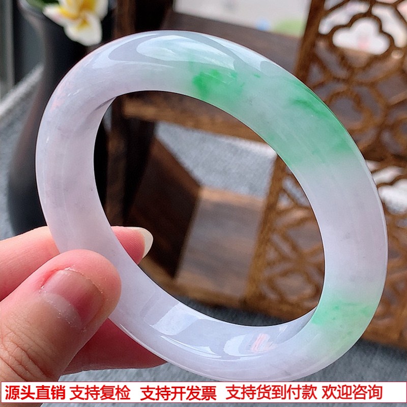 缅甸A货天然翡翠 老坑冰润淡紫罗兰飘绿正装手镯54-55圈口