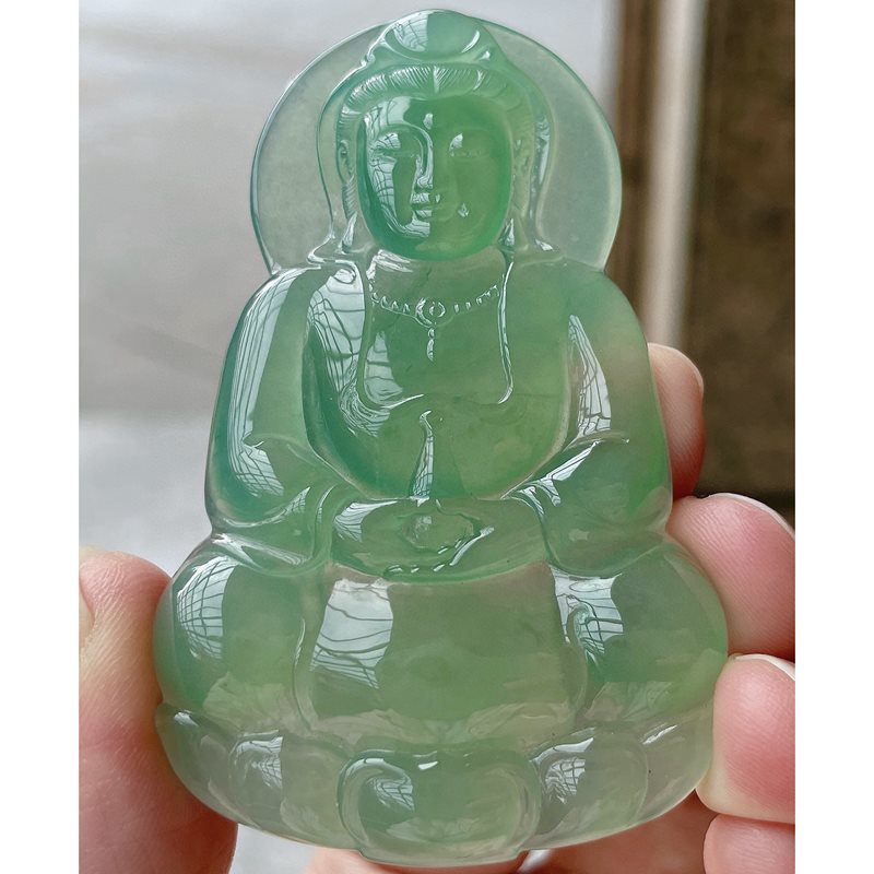 缅甸天然A货玉石翡翠挂件 精雕老坑起胶冰透高冰种晴绿观音吊坠