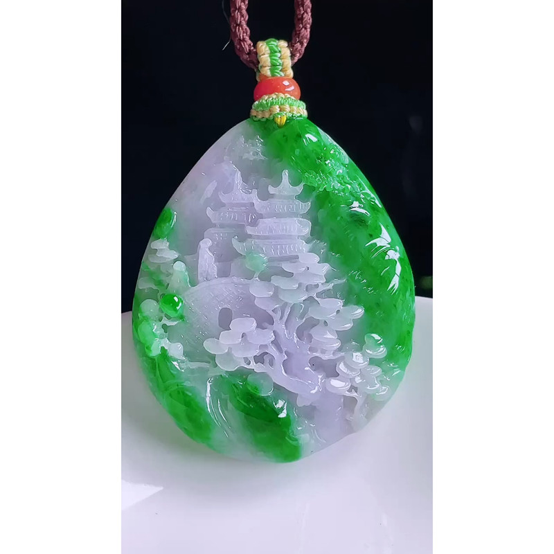 缅甸天然A货玉石翡翠 老坑冰种 手工精雕 紫绿山水牌吊坠