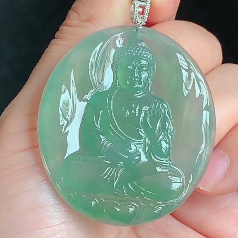 缅甸天然A货玉石翡翠挂件 精雕老坑冰种金扣晴水绿阿弥陀佛吊坠