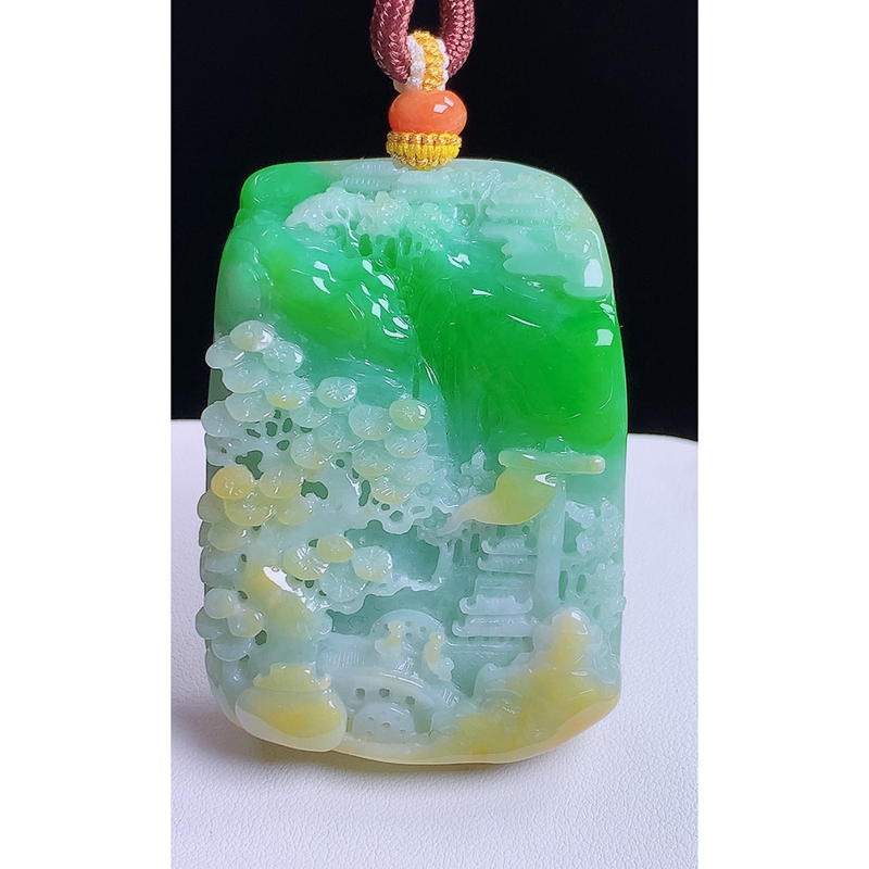 缅甸天然A货玉石翡翠挂件 精雕老坑冰种黄加绿山水牌吊坠