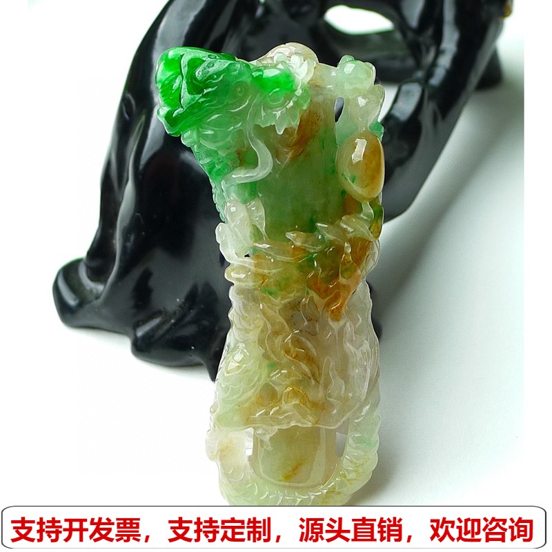 缅甸天然A货玉石翡翠挂件老坑冰种 黄加绿三彩龙柱挂件