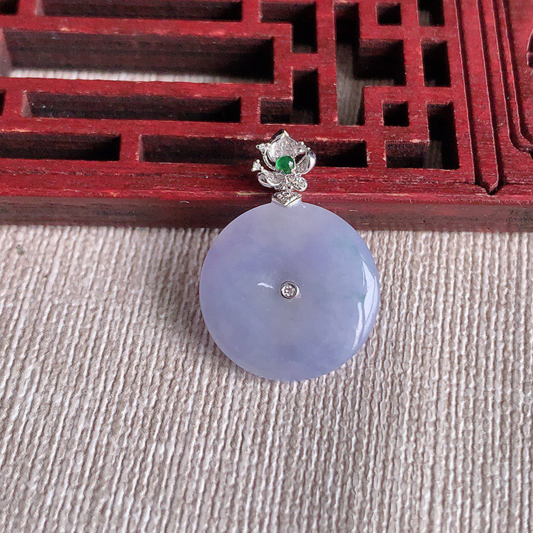 缅甸天然A货玉石翡翠老坑冰种手工精雕18K金镶嵌紫罗兰平安扣吊坠