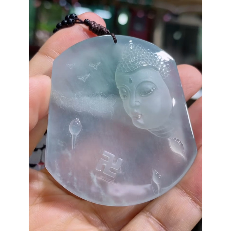 缅甸天然A货玉石翡翠 老坑冰种佛牌吊坠