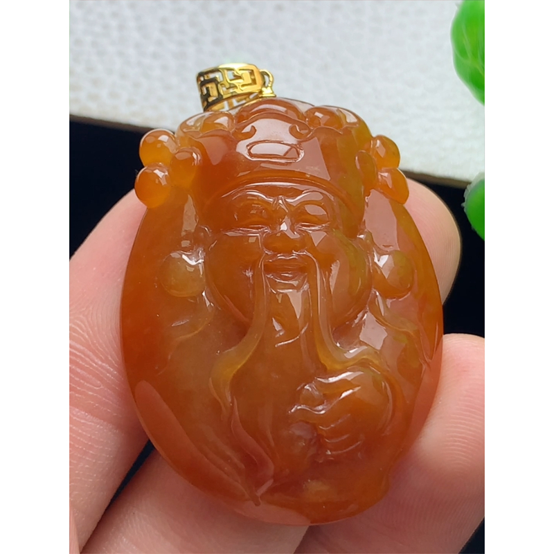 缅甸天然A货玉石翡翠 老坑冰种 手工精雕 18k金镶嵌 红翡财神吊坠