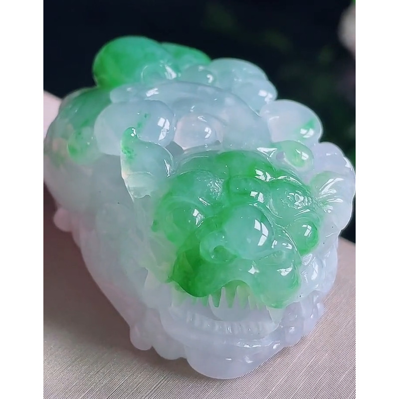 缅甸天然A货玉石翡翠挂件 精雕老坑冰阳绿霸王貔貅吊坠